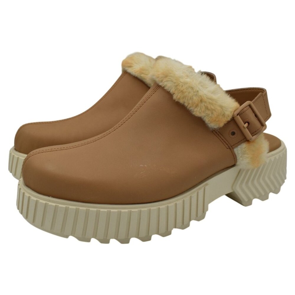 Sorel‎ Womens 10.5 ONA AVE Tawny Buff Leather Faux Fur Ankle Strap Mules Shoes